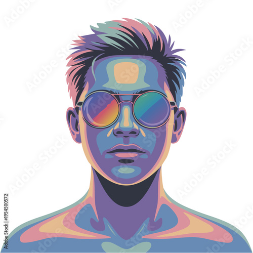 Colorful illustration of a man wearing sunglasses with rainbow reflect