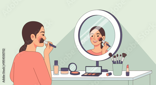 Woman applying makeup, beauty routine, cosmetic products, mirror reflection