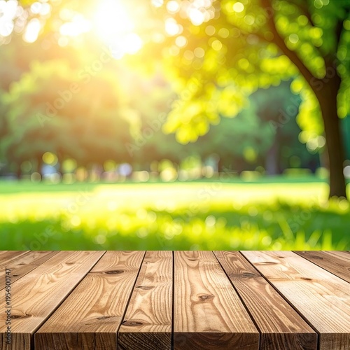 Wooden table foreground with blurred park landscape, sunny