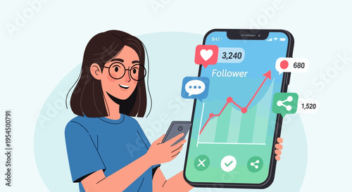 Social media analytics, woman with smartphone, follower growth chart, vector illustration, digital marketing, online statistics