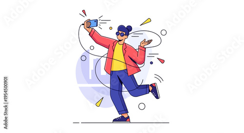 Vector illustration of a man taking a selfie with colorful confetti