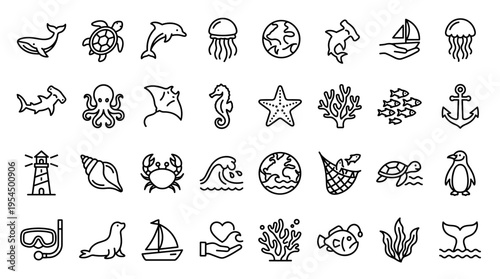 Set of marine life and ocean icons featuring sea animals and nautical symbols