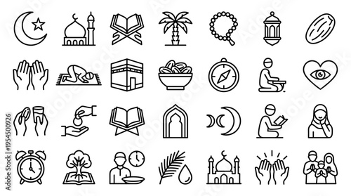 Set of Islamic Ramadan and Muslim religious line icons for holiday celebration and prayer