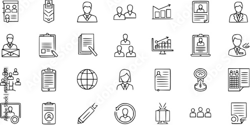 Business and Human Resources Icons: Team, Hiring, Analytics, and Office Life