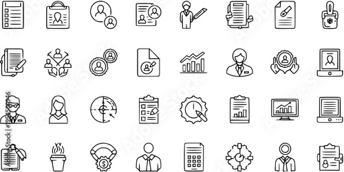 Detailed Line Icons for Human Resources, Business Management, Career Development, Recruitment, and Strategy. Modern Outline Vector Set.