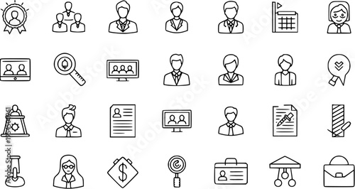 Human Resources, Business and People Line Icons Set. Hand-Drawn HR, Management, and Office Vector Symbols Collection.
