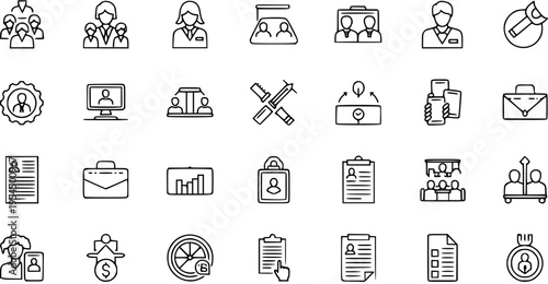 Business and Human Resources Line Icons. Outline Vector Set for Employment, Recruitment, Office, Management, and Professional Work.