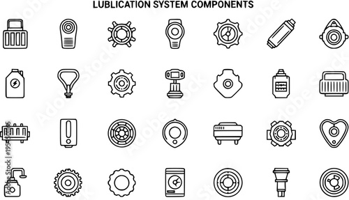 Lubrication System Components Vector Line Icons Set. Industrial Machine Parts, Grease, Oil, Gears, Bearings Outline Signs
