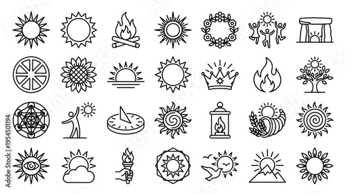 Set of sun and summer solstice icons in thin line style