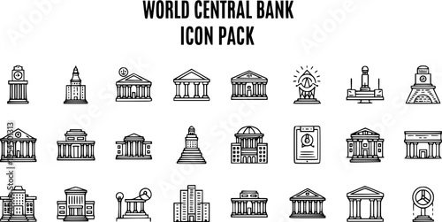 World Central Bank Icon Pack - Outline Vector Icons of Financial Institutions  Government Buildings