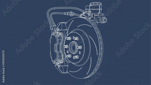 Disc brake blueprint, automotive braking technical drawing