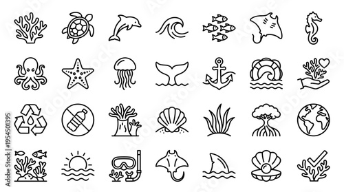Set of Marine Life and Ocean Conservation Icons
