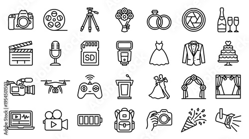 Set of wedding and photography equipment line icons