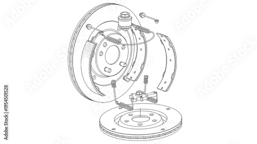 Brake system exploded view, automotive braking CAD drawing