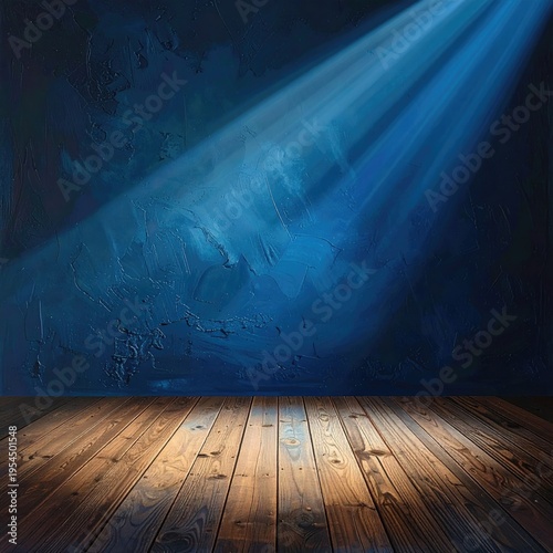 Rustic wooden floor below a textured blue wall, lit by a spotlight