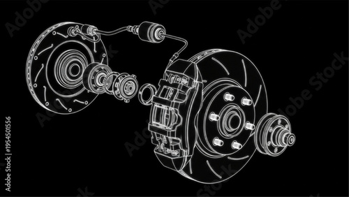 Brake system black tech exploded, glowing braking assembly