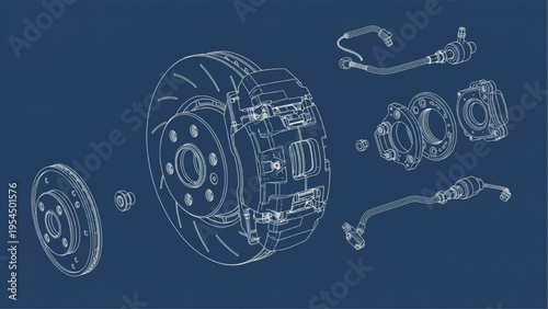 Brake system blueprint exploded, automotive braking diagram