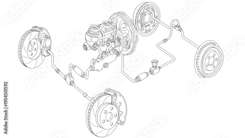 Automotive braking system exploded, technical engineering diagram
