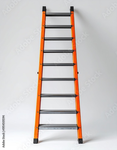 An orange and gray ladder, standing against a plain white wall