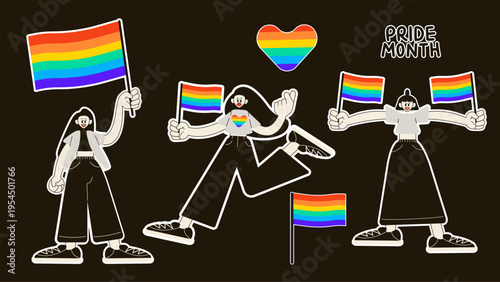 Women holding rainbow flag. Pride month concept. LGBT sticker pack. Modern isolated vector illustration.