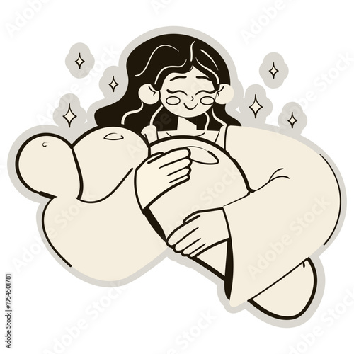 Happy woman holding a huge croissant sticker. Smiling person enjoy the enormous bun. Flat vector illustration.