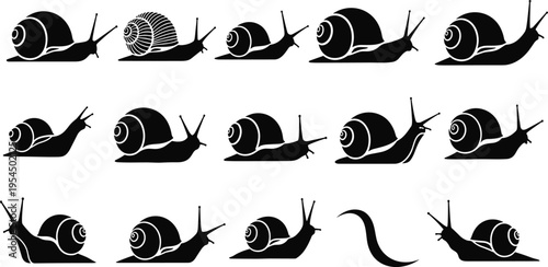 Silhouettes of snails in a row displaying progressive motion and growth, each snail captures a moment of movement