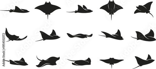 Graceful black silhouettes of diverse manta rays and majestic stingrays in varied swimming postures, showcasing marine biodiversity and elegance for aquatic design