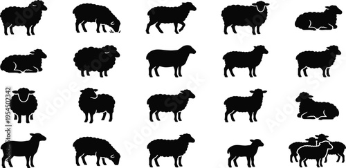 Collection of Silhouettes of Sheep in Various Poses and Activities, Depicting Farm Animals in Black and White
