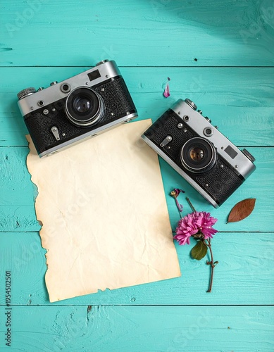 Vintage cameras, paper, and flowers on a turquoise wooden surface
