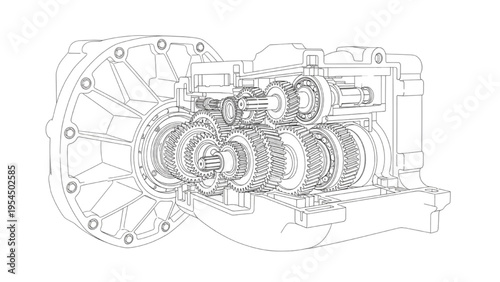 Gearbox cross section, CAD mechanical transmission cutaway diagram
