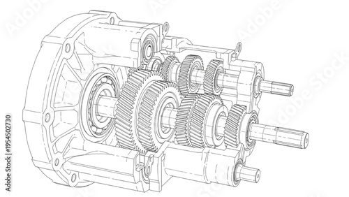 Gearbox transmission CAD drawing, mechanical gear assembly