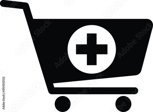Black shopping cart icon with medical cross symbol isolated on white background, concept of pharmacy, online drug store, healthcare, medicine.