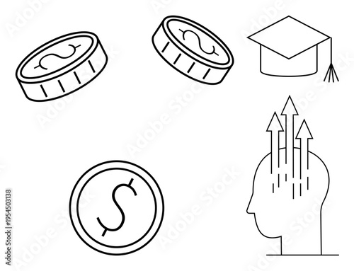 Financial growth concept. Financial growth ed by coins, education through the graduation cap, and mindset with upward arrows. Financial, educational, and personal development . Great for finance