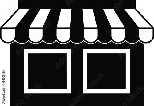 Black storefront icon with awning isolated on white background, retail shop symbol, concept of small business, marketplace, commerce, boutique, store.