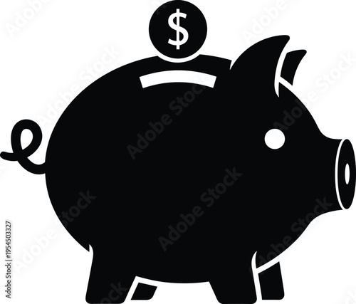 Black piggy bank icon with dollar coin isolated on white background, concept of savings, investment, banking, finance and money growth.