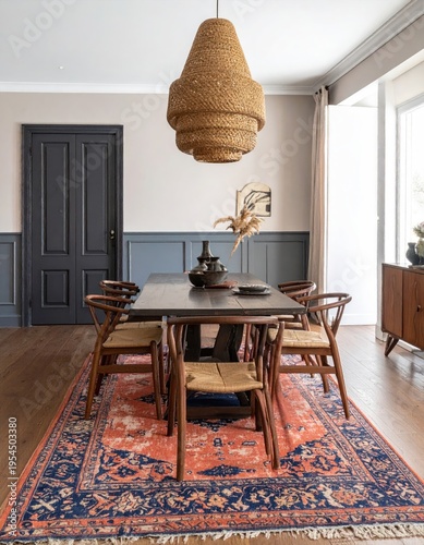 Formal dining area with wooden table, chairs, and ornate light fixture