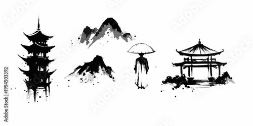 East asian landscape with pagodas mountains and a figure with umbrella