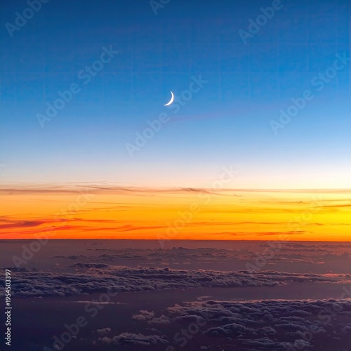 Serene evening sky with a crescent moon above a vibrant orange horizon
