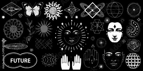 Mystical illustration featuring celestial symbols faces and botanical elements