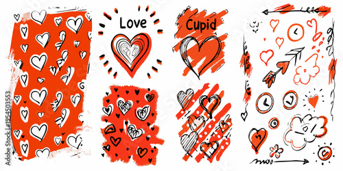 Hand drawn valentine s day themed bookmarks with hearts and cupid s arrow