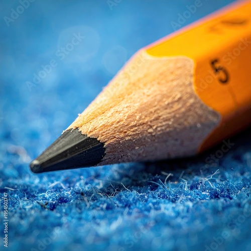 Macro view of a sharpened writing tool against a fuzzy, blue background