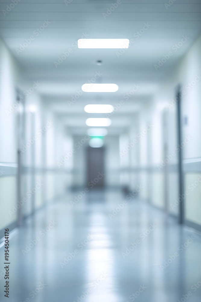 Obraz premium Blurred hospital corridor with overhead lights and doors