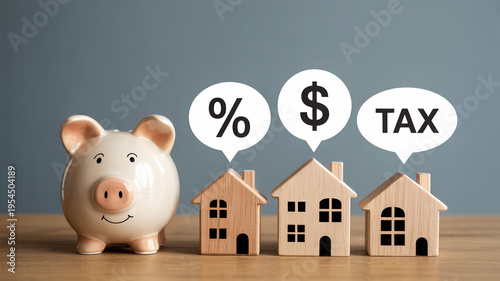 Minimalist Financial Concept Photography With Piggy Bank And Wooden Houses For Tax Savings