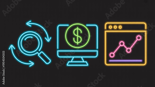 Neon Style Digital Business Finance Icons With Magnifying Glass, Computer, And Graph For Financial Technology Concepts