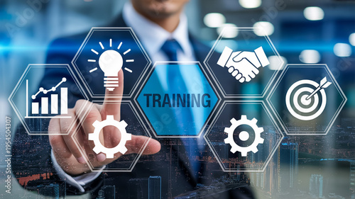 Businessman In Suit Interacting With Modern Training Concept On Touchscreen For Corporate Technology Backgrounds