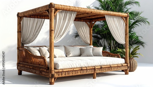 Bamboo daybed with white cushions and curtains, near tropical greenery