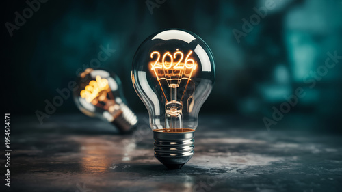 Glowing Light Bulb With 2026 On Filament Next To Another Bulb On Dark Background For Future Concept