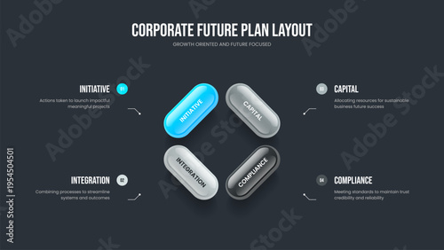 Creative Portfolio Slide Design Vector Illustration. Visual Insight Four Element Infographic Slideshow Layout. Sales Innovation 4 Step Diagram Frame Template.