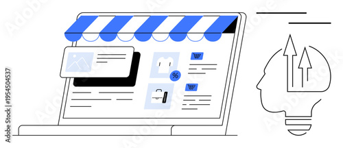 E-commerce, business innovation, online shopping, entrepreneurship, digital marketing, technological growth. Storefront-style website with related icons and abstract human profile. E-commerce