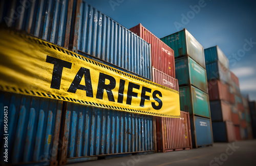 Tariffs warning tape on stacked shipping containers in cargo yard